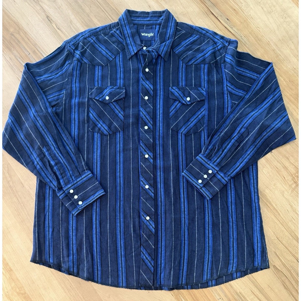 Wrangler Blue Striped Flannel Pearl‎ Snap Long Sleeve Shirt XXL Pre Owned